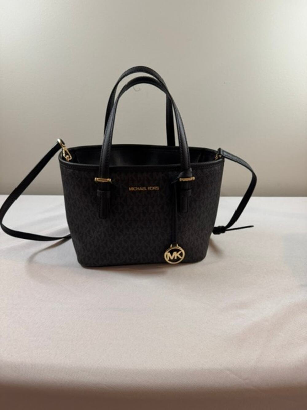 Michael Kors Jet Set Travel XS Black Signature Logo Tote Crossbody Bag